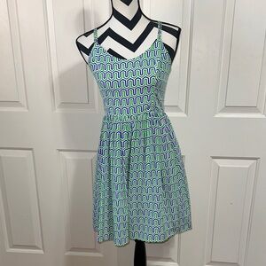 Amanda Uprichard Silk Green & Blue Geometric Spaghetti-Strap Mini Dress